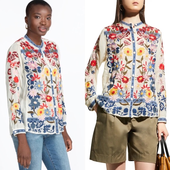 Johnny Was Edie Floral-Embroidered Button-Down Blouse Size XXS - Picture 7 of 10